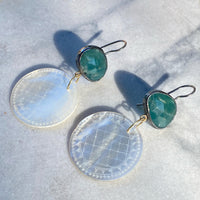 Grandidierite and Antique Mother of Pearl Chinese Gaming Token Earrings